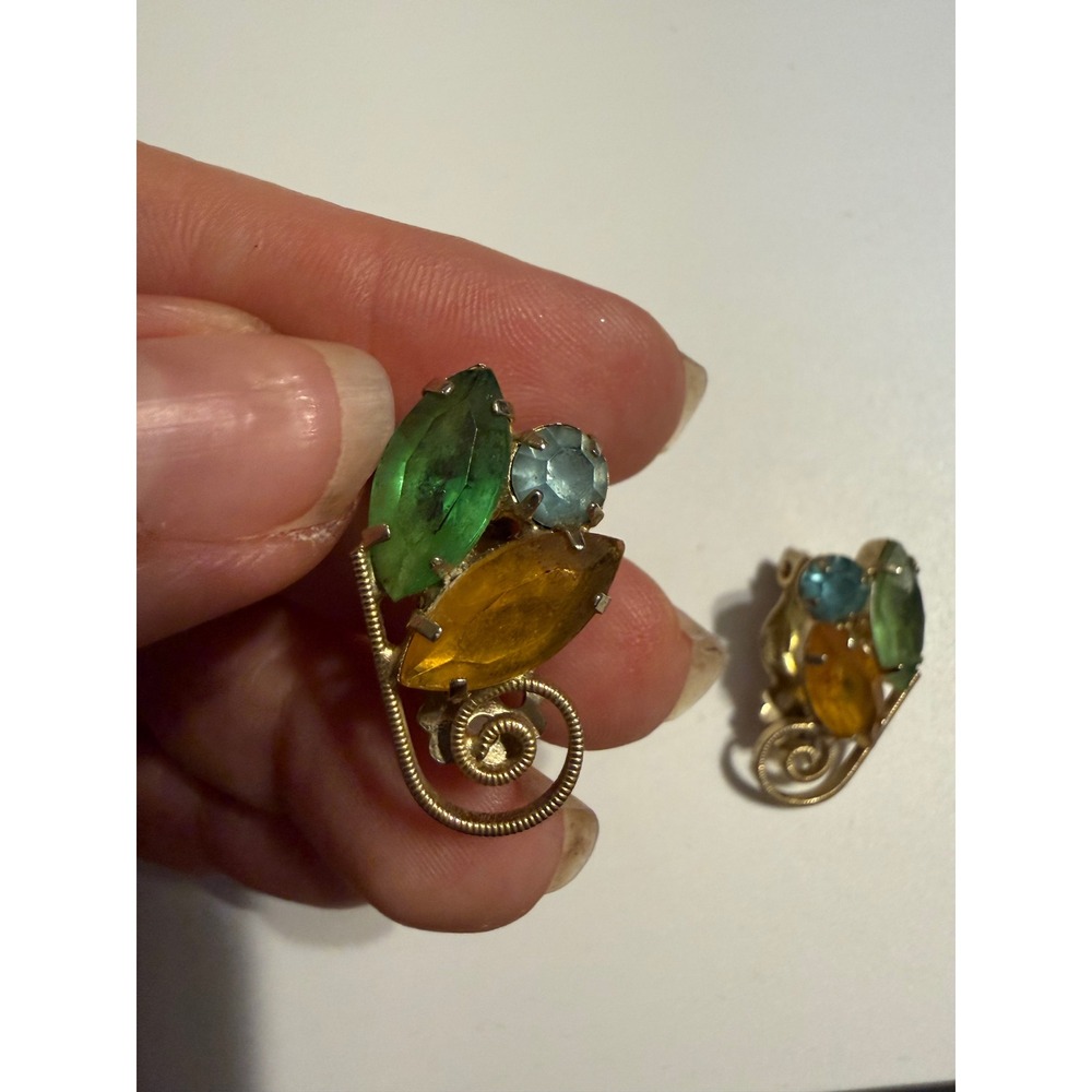 Vintage Gold Tone Rhinestone Clip On Earrings Green Amber Blue Crystal Swirl